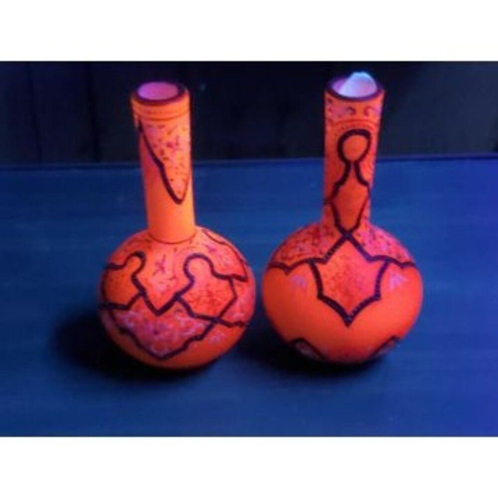 Antique Webb Moroccan Yellow Glass Vase Set Hand-Painted Floral Glows Orange